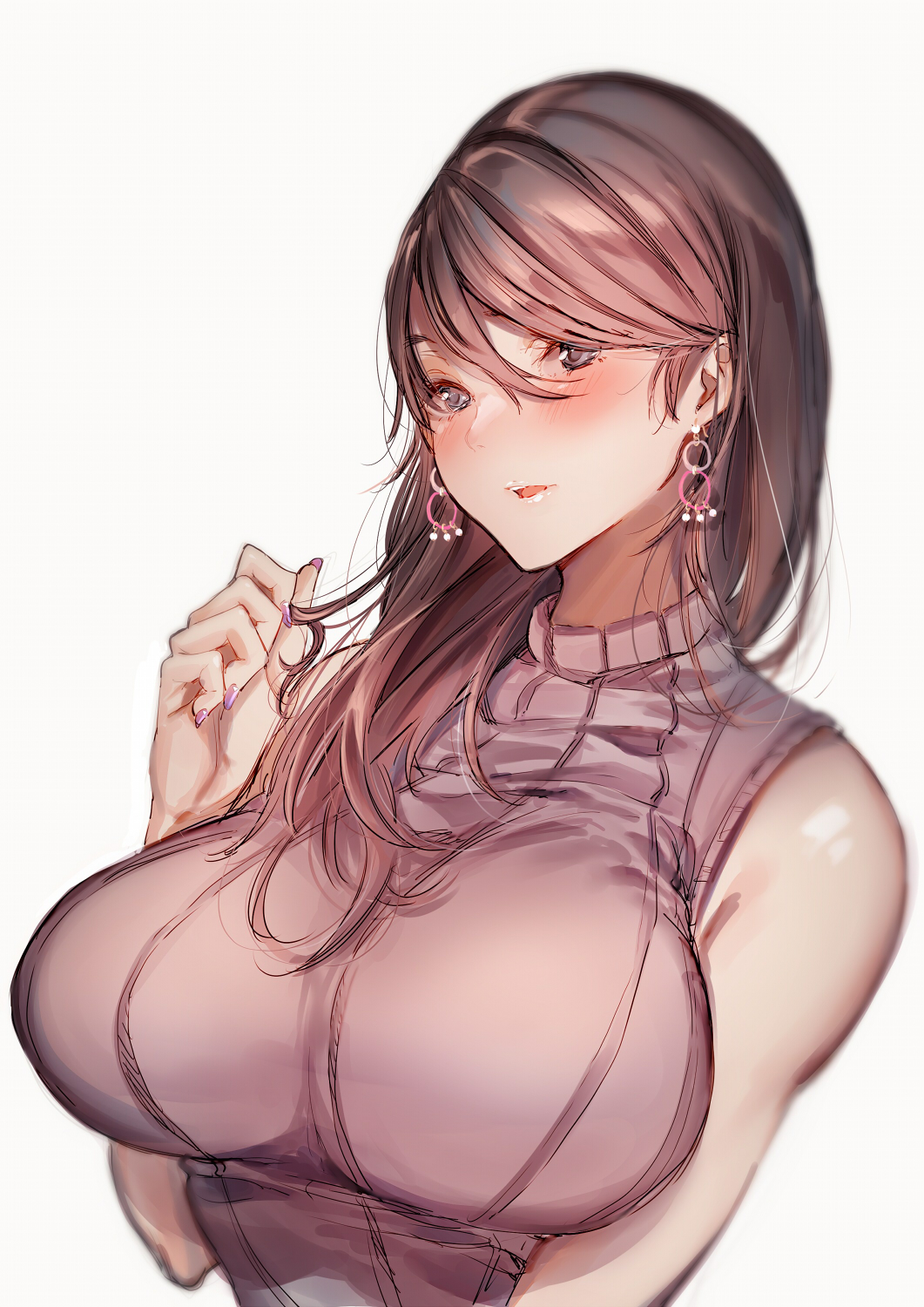 1girl, amane_ruri, arm_at_side, bangs, bare_arms, bare_shoulders, commentary_request, earrings