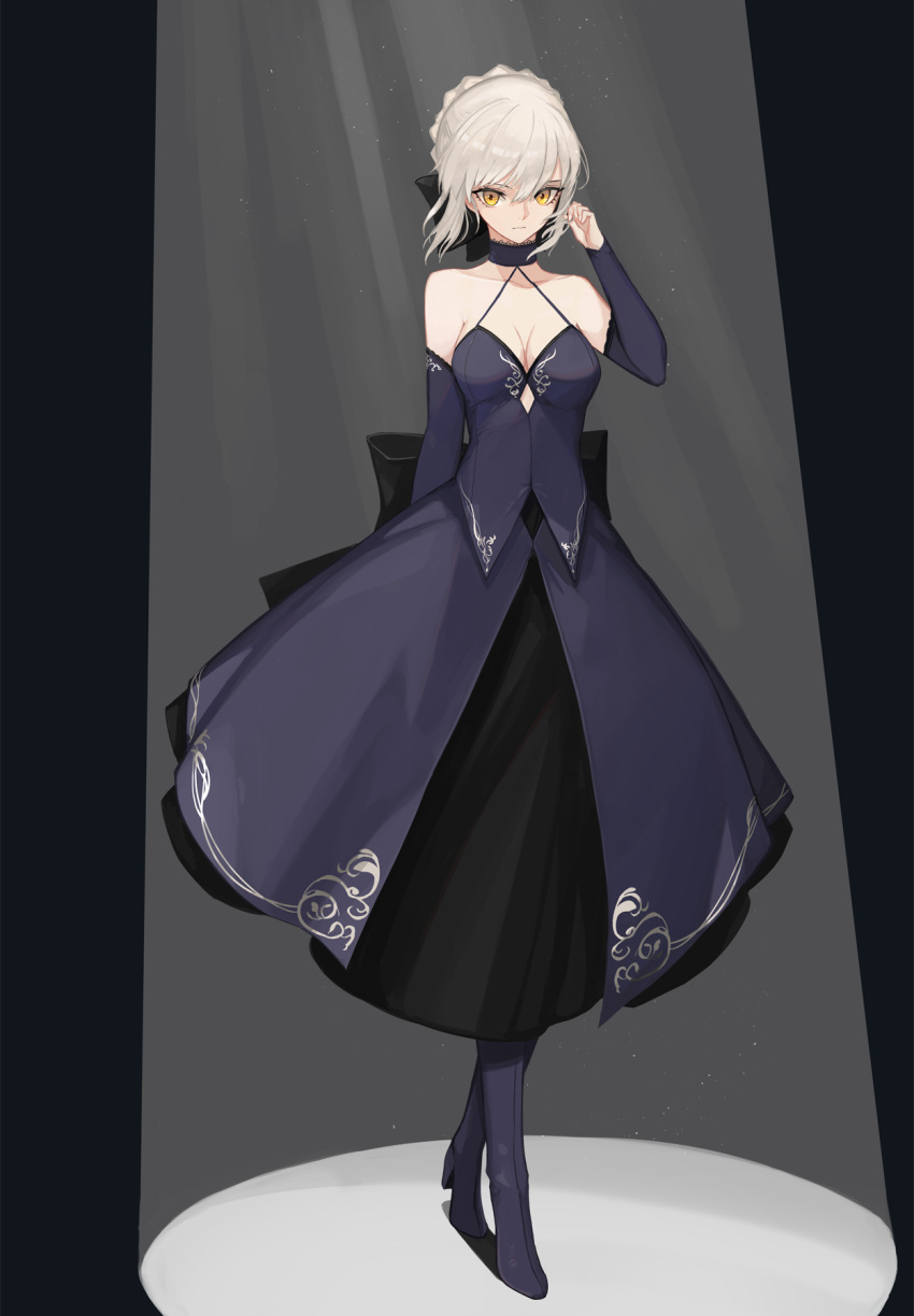 1girl, akai2930, artoria_pendragon_(all), black_ribbon, blonde_hair, dress, elbow_gloves, fate/grand_order