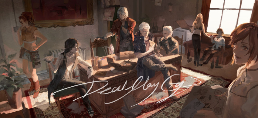 4boys, 4girls, black_hair, blonde_hair, brown_hair, carpet, chair, copyright_name, couch, dante_(devil_may_cry), desk, devil_may_cry, devil_may_cry_(series), devil_may_cry_5, eating, everyone, family, father_and_son, food, good_end, highres, jewelry, kyrie, kyrie_(devil_may_cry), lady_(devil_may_cry), limiicirculate, messy_room, multiple_boys, multiple_girls, necklace, nero_(devil_may_cry), nico_(devil_may_cry), open_mouth, paper, pizza, pizza_box, plant, short_shorts, shorts, silver_hair, sitting, smile, standing, sunlight, trish_(devil_may_cry), uncle_and_nephew, v_(devil_may_cry), vergil, vergil_(devil_may_cry), wallpaper, window