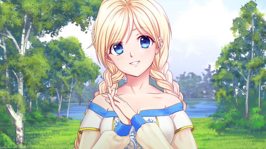 1girl, arms_up, blonde_hair, blue_eyes, blue_sky, braid, breasts, clouds, day, detached_sleeves, dress, everlasting_summer, eyebrows_visible_through_hair, grass, hands_together, head_tilt, highres, lake, light_blush, long_hair, long_sleeves, looking_at_viewer, medium_breasts, orika_nekoi, outdoors, parted_lips, sky, slavya-chan, smile, solo, strapless, strapless_dress, tree, twin_braids, upper_body