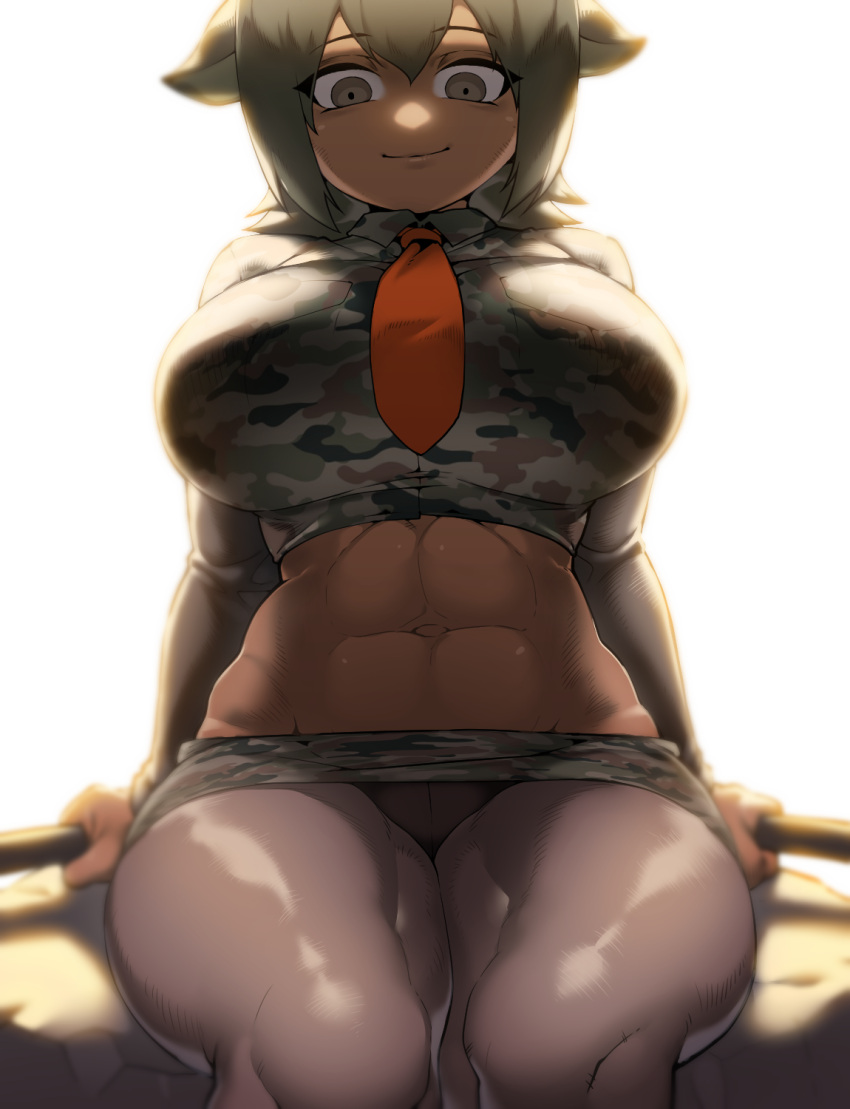1girl, abs, animal_ears, arms_at_sides, aurochs_(kemono_friends), backlighting, breast_pocket, breasts, brown_legwear, camouflage, camouflage_shirt, camouflage_skirt, closed_mouth, collared_shirt, commentary_request, cow_ears, cowboy_shot, crop_top, cropped_shirt, crotch_seam, dark_skin, empty_eyes, eyebrows_visible_through_hair, eyes_visible_through_hair, green_eyes, green_hair, hair_between_eyes, highres, holding, impossible_clothes, impossible_shirt, kemono_friends, large_breasts, long_sleeves, looking_at_viewer, looking_down, medium_hair, microskirt, midriff, muscle, muscular_female, navel, necktie, pantyhose, pinkboy, pocket, red_neckwear, shirt, sitting, skirt, smile, solo, stomach, thick_thighs, thighs, upskirt, wing_collar