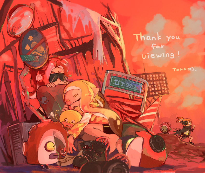 1boy, 3girls, bike_shorts, black_shirt, black_shorts, blonde_hair, blush, boots_removed