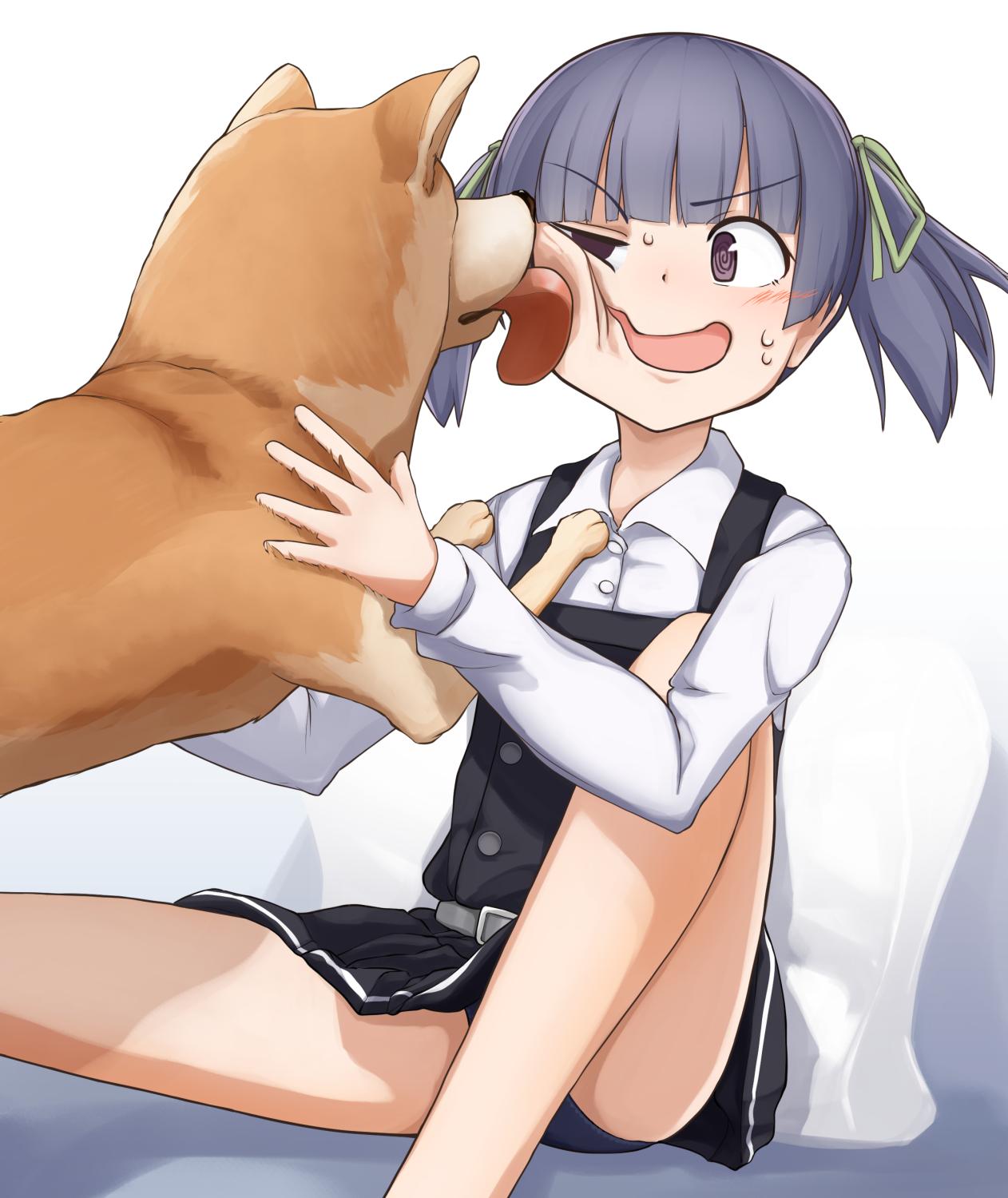 1girl, animal, bangs, belt, blunt_bangs, blush, buttons, cheek_licking