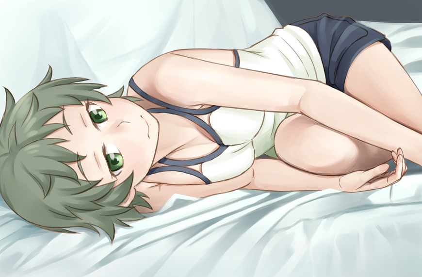 1girl, black_shorts, breasts, brown_hair, easy_(aqk7bdqt), feet_out_of_frame, green_eyes, looking_at_viewer, lying, monogatari_(series), oikura_sodachi, on_bed, on_side, pillow, short_hair, shorts, small_breasts, smile, solo, zokuowarimonogatari