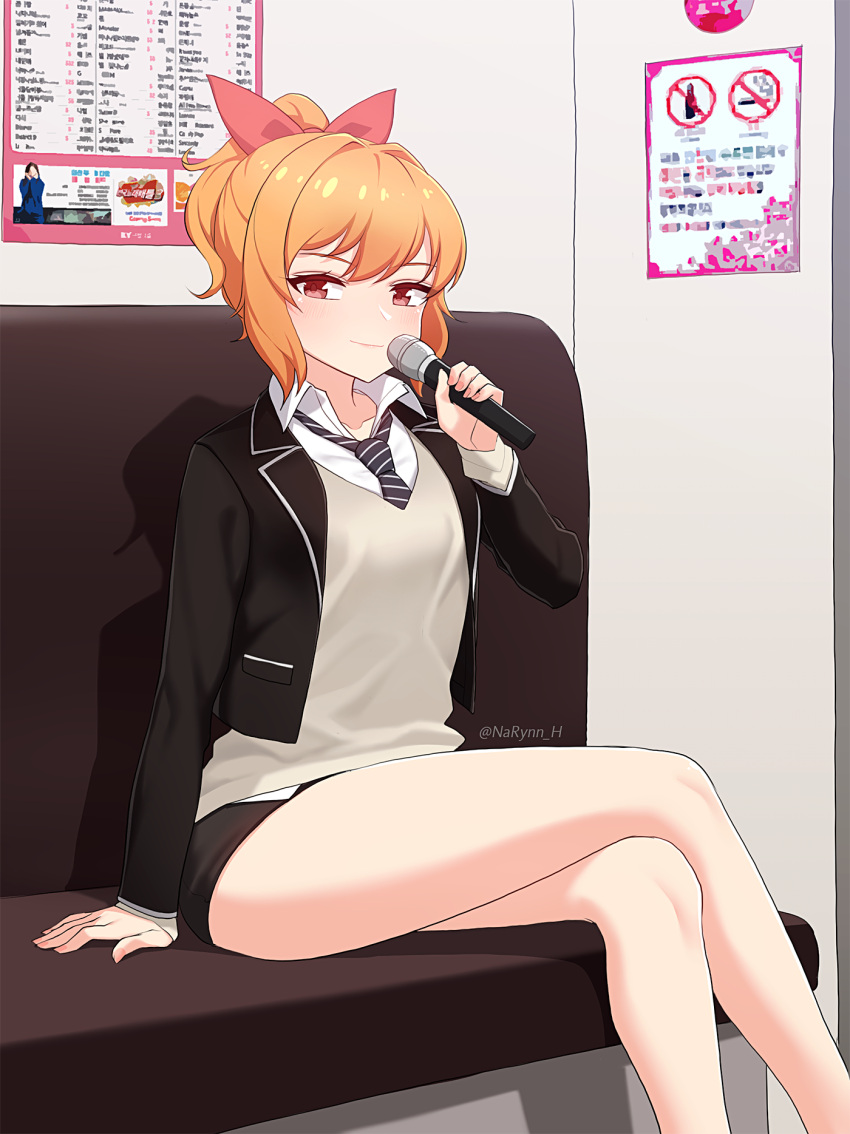 1girl, bare_legs, bench, black_jacket, black_skirt, blazer, closed_mouth, collarbone
