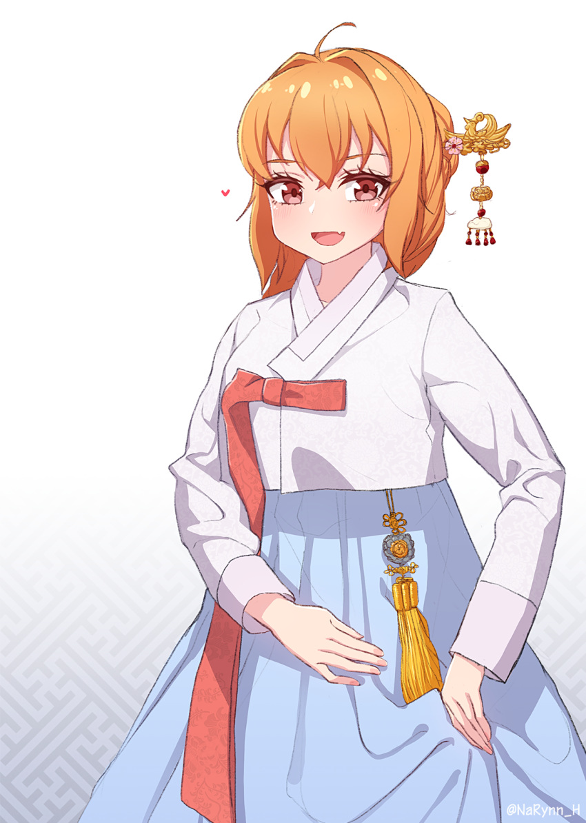 1girl, :d, ahoge, blush, cowboy_shot, fang, gradient, gradient_background