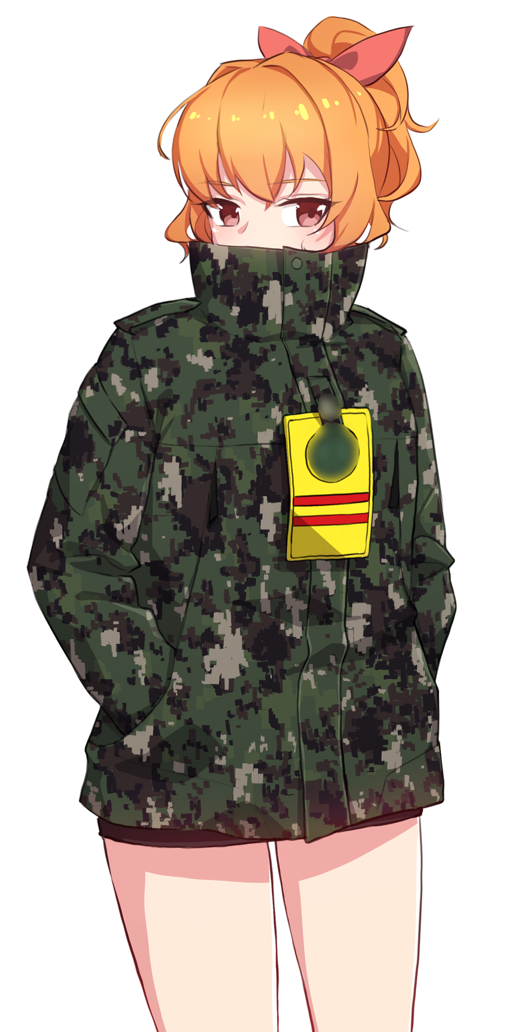 1girl, black_skirt, camouflage_jacket, covered_mouth, cowboy_shot, green_jacket, hair_ribbon, hands_in_pockets
