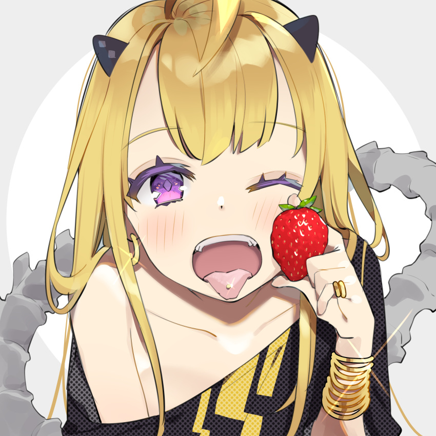 1girl, ahoge, bangle, bangs, bare_shoulders, black_shirt, blonde_hair, blush