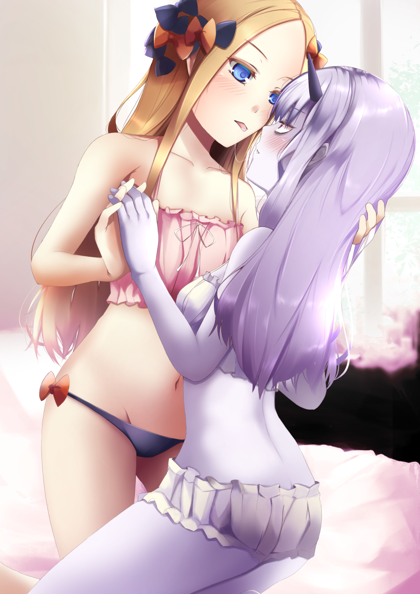 2girls, abigail_williams_(fate/grand_order), bangs, bare_arms, bare_shoulders, black_bow, black_panties, blonde_hair