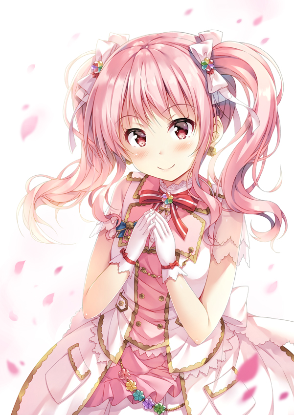 1girl, bang_dream!, bangs, blush, commentary_request, earrings, gloves, hair_ribbon