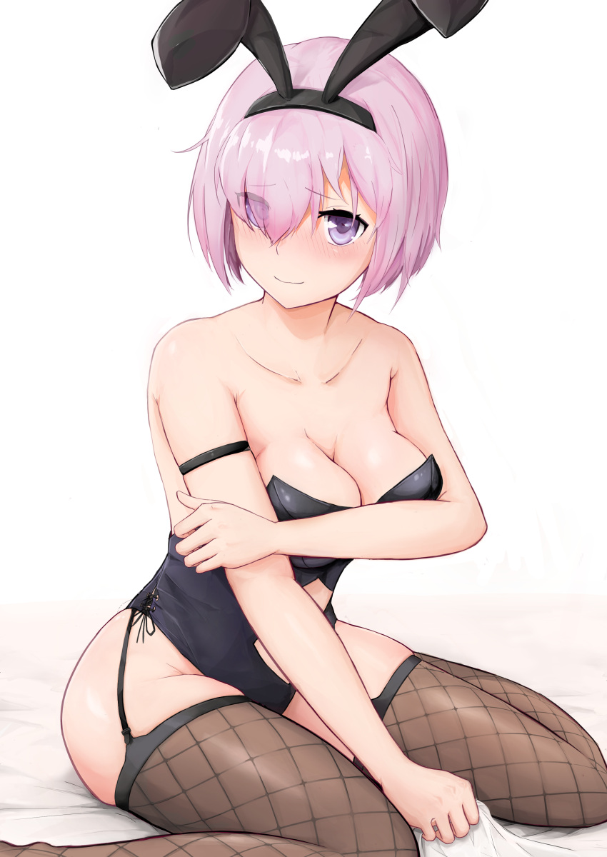 1girl, absurdres, animal_ears, aogumaptticrash, bangs, bare_arms, bare_shoulders, blush, breasts, bunnysuit, cleavage, collarbone, commentary_request, eyebrows_visible_through_hair, fate/grand_order, fate_(series), fishnet_legwear, fishnets, grabbing, hair_over_one_eye, highres, kneeling, large_breasts, lavender_hair, looking_at_viewer, mash_kyrielight, mole, mole_on_breast, purple_hair, rabbit_ears, short_hair, simple_background, smile, solo, thigh-highs, violet_eyes, white_background