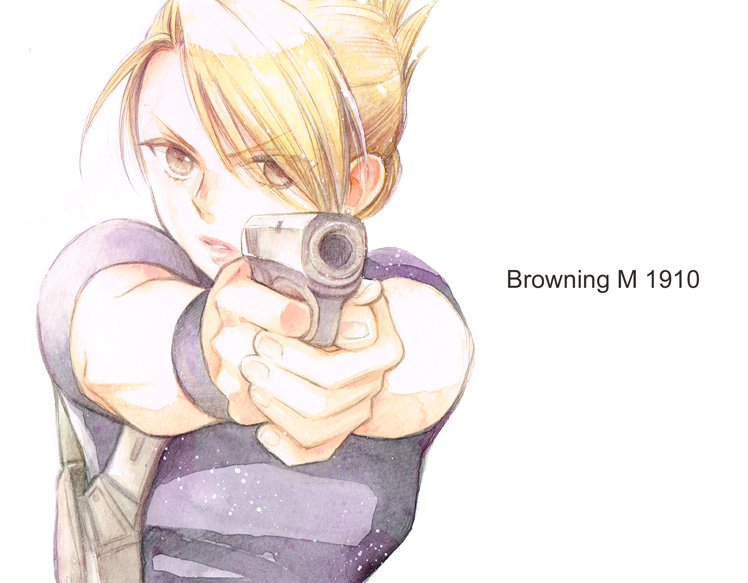 1girl, asymmetrical_bangs, bangs, blonde_hair, brown_eyes, browning_m1910, firing_at_viewer, fullmetal_alchemist, gun, hinase001, holding, holding_gun, holding_weapon, looking_at_viewer, parted_lips, riza_hawkeye, short_hair, short_sleeves, simple_background, solo, upper_body, v-shaped_eyebrows, weapon, white_background