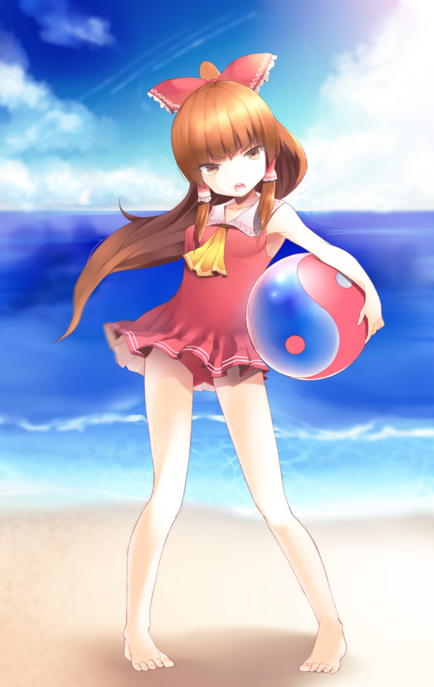 1girl, angry, ascot, ball, bangs, beach, beachball, blue_sky