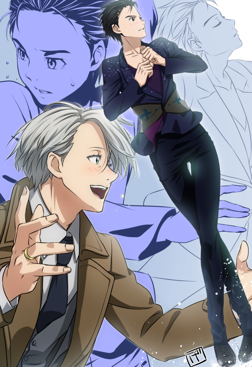 2boys, :d, ace_suzuki, black_coat, black_footwear, black_hair, black_neckwear, black_pants