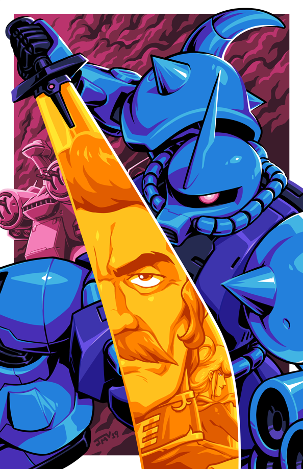 border, commentary, english_commentary, facial_hair, glowing, glowing_eye, gouf, gouf_custom