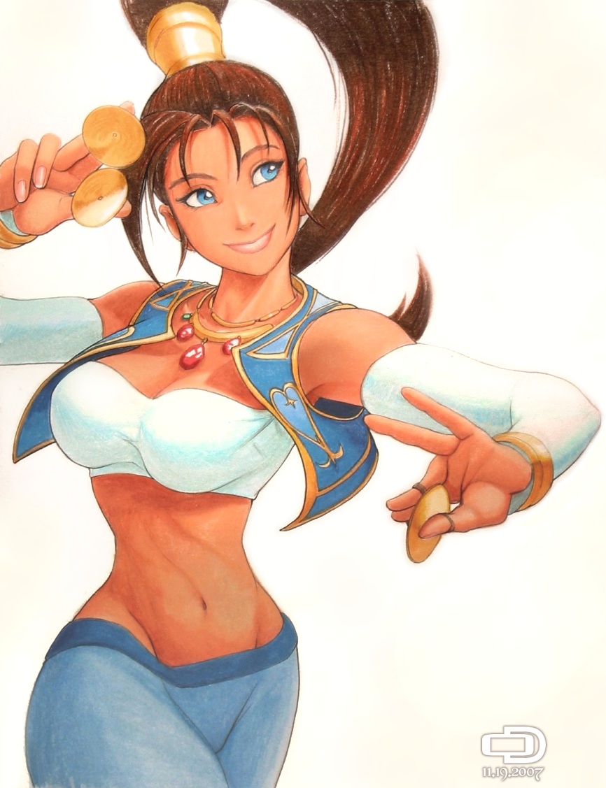 armpit, blue_eyes, breasts, brown_hair, capcom, cleavage, dark_skin, jewelry