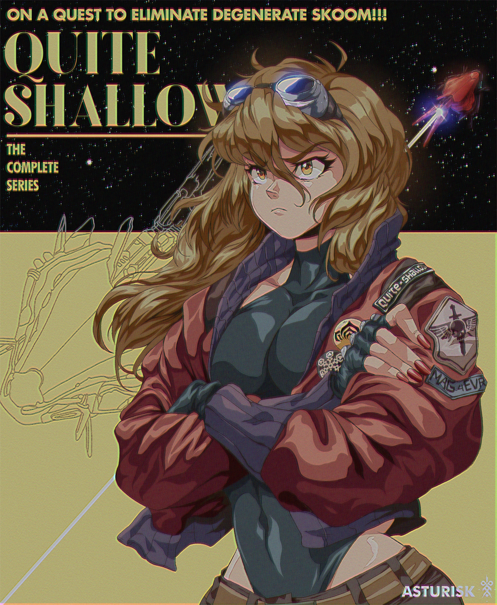1girl, 90s, asturisk, bangs, belt, black_leotard, bomber_jacket, breasts, brown_eyes, brown_hair, cleavage, collarbone, commentary, cover, cover_image, covered_navel, crossed_arms, english_commentary, english_text, eyebrows_visible_through_hair, fake_cover, furrowed_eyebrows, goggles, goggles_on_head, hair_between_eyes, highleg, highleg_leotard, highres, jacket, leotard, long_hair, medium_breasts, nail_polish, oldschool, open_clothes, open_jacket, original, patch, red_jacket, red_nails, retro, science_fiction, skin_tight, solo, space_craft, thick_eyebrows, vhs_artifacts, vhs_cover
