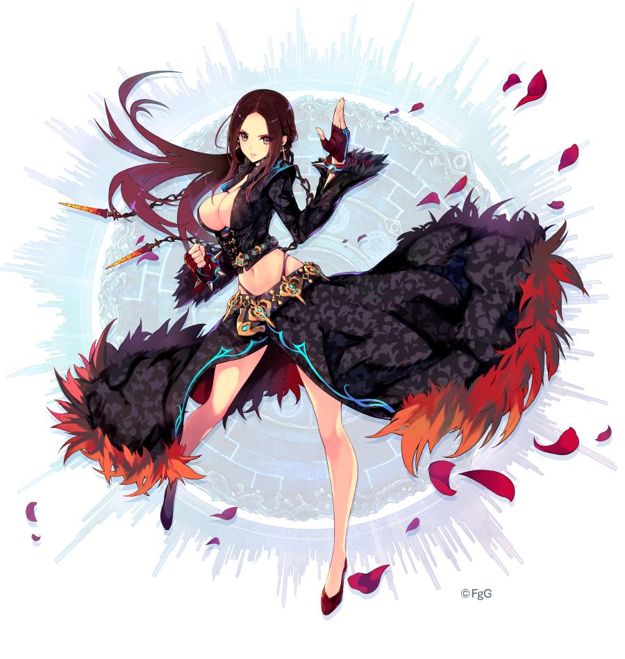 bare_legs, belt, bracelet, breasts, brown_hair, chains, cleavage, cleavage_cutout