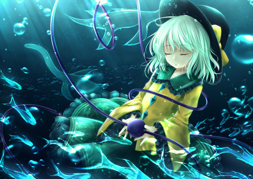 1girl, :o, air_bubble, aqua_hair, aru0607, bangs, black_headwear, bubble