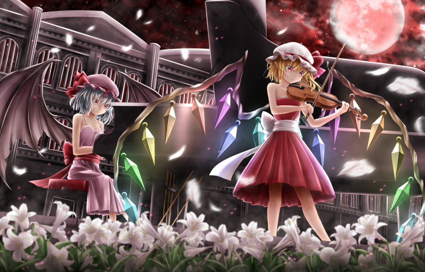 2girls, alternate_costume, aru0607, bare_arms, bare_shoulders, bat_wings, blonde_hair, blue_hair