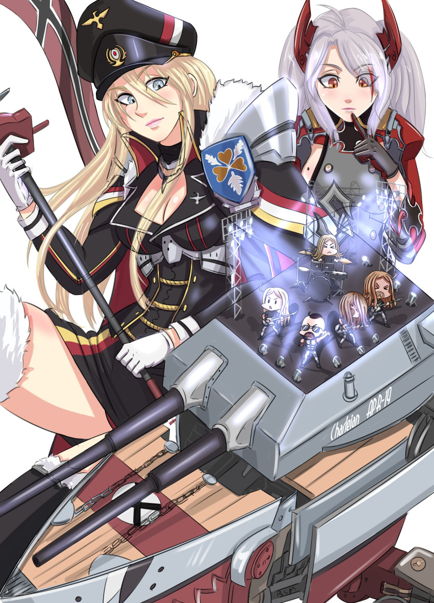 2girls, 5boys, absurdres, azur_lane, bangs, bismarck_(azur_lane), black_legwear, blonde_hair, blue_eyes, breasts, charleianbrown, cleavage, eyebrows_visible_through_hair, finger_to_mouth, flag, flag_print, gloves, hair_between_eyes, hat, headgear, highres, iron_cross, long_hair, military, military_uniform, mole, mole_on_breast, multicolored_hair, multiple_boys, multiple_girls, prinz_eugen_(azur_lane), redhead, rigging, rock_band, sabaton_(band), sideboob, silver_hair, streaked_hair, two_side_up, uniform