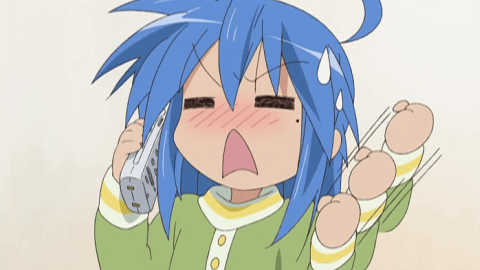 angry, animated, animated_gif, blush, cap, cordless_phone, gif, izumi_konata, lowres, lucky_star, pajamas, phone, screencap, sweatdrop