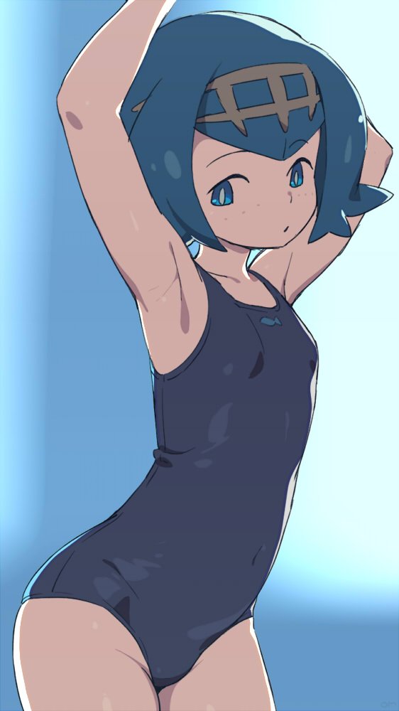 1girl, armpits, arms_up, blue_eyes, blue_hair, blue_swimsuit, commentary_request, covered_navel, creatures_(company), game_freak, hairband, nintendo, om_(nk2007), one-piece_swimsuit, pokemon, pokemon_(game), pokemon_sm, short_hair, solo, suiren_(pokemon), swimsuit