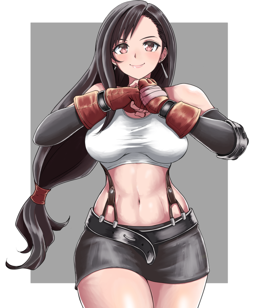 1girl, bare_shoulders, belt, black_skirt, blush, breasts, brown_hair, clenched_hand