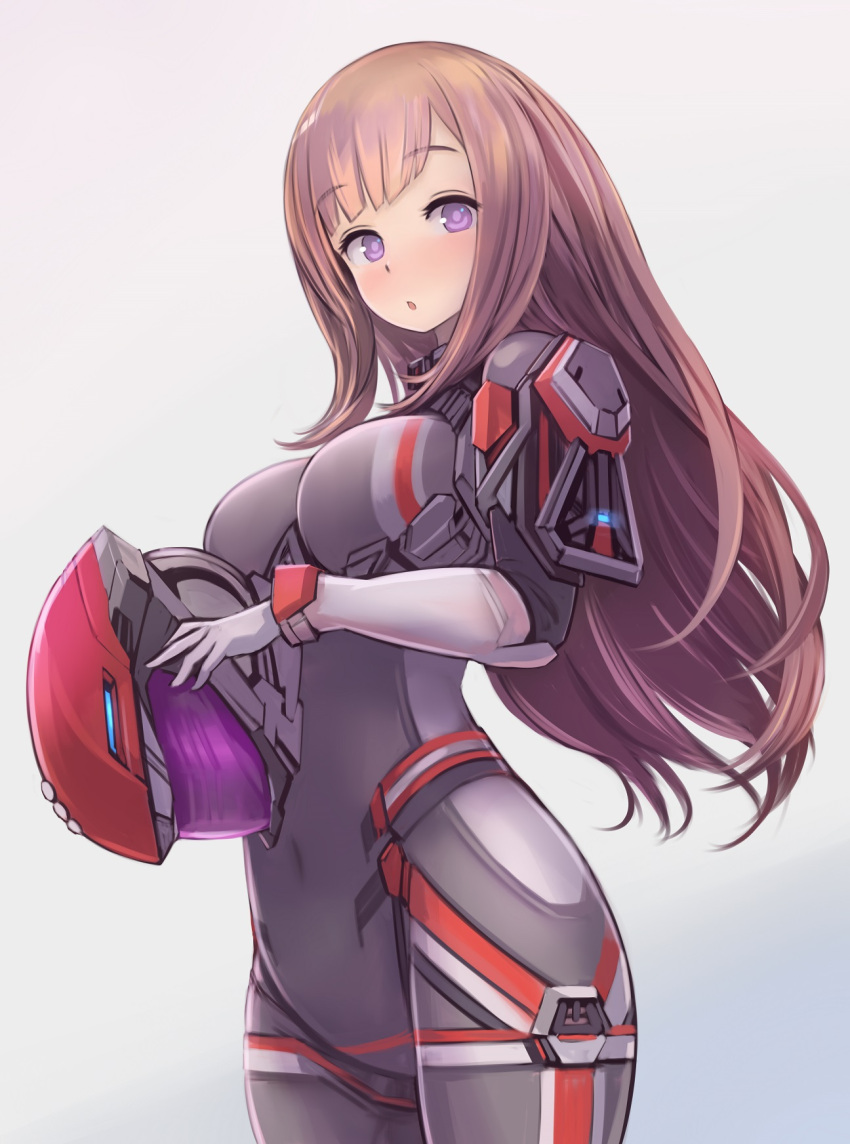 1girl, :o, bodysuit, breasts, brown_hair, covered_navel, cowboy_shot, enumiyan