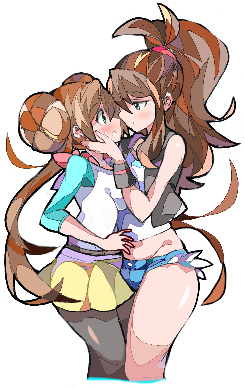 2girls, baseball_cap, blue_eyes, blush, brown_hair, creatures_(company), double_bun, enpe