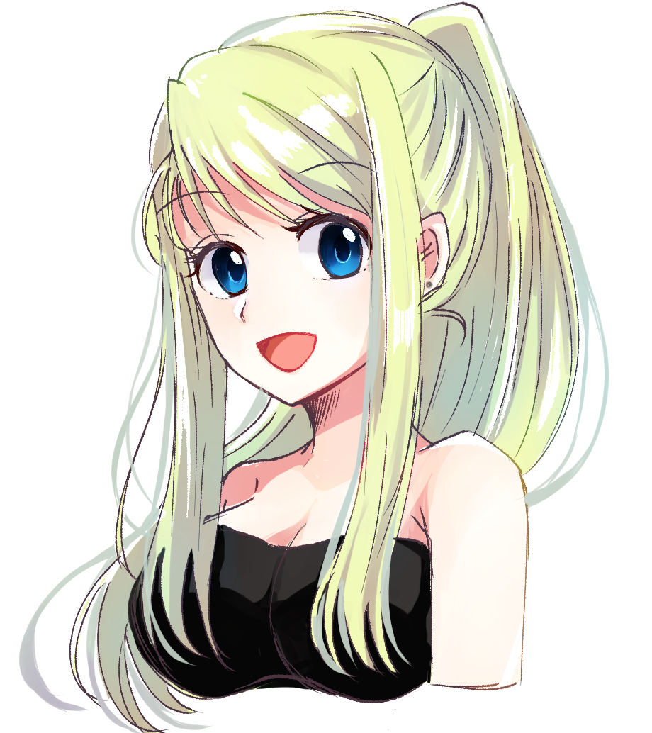 1girl, :d, blonde_hair, blue_eyes, breasts, cleavage, cropped_torso, earrings