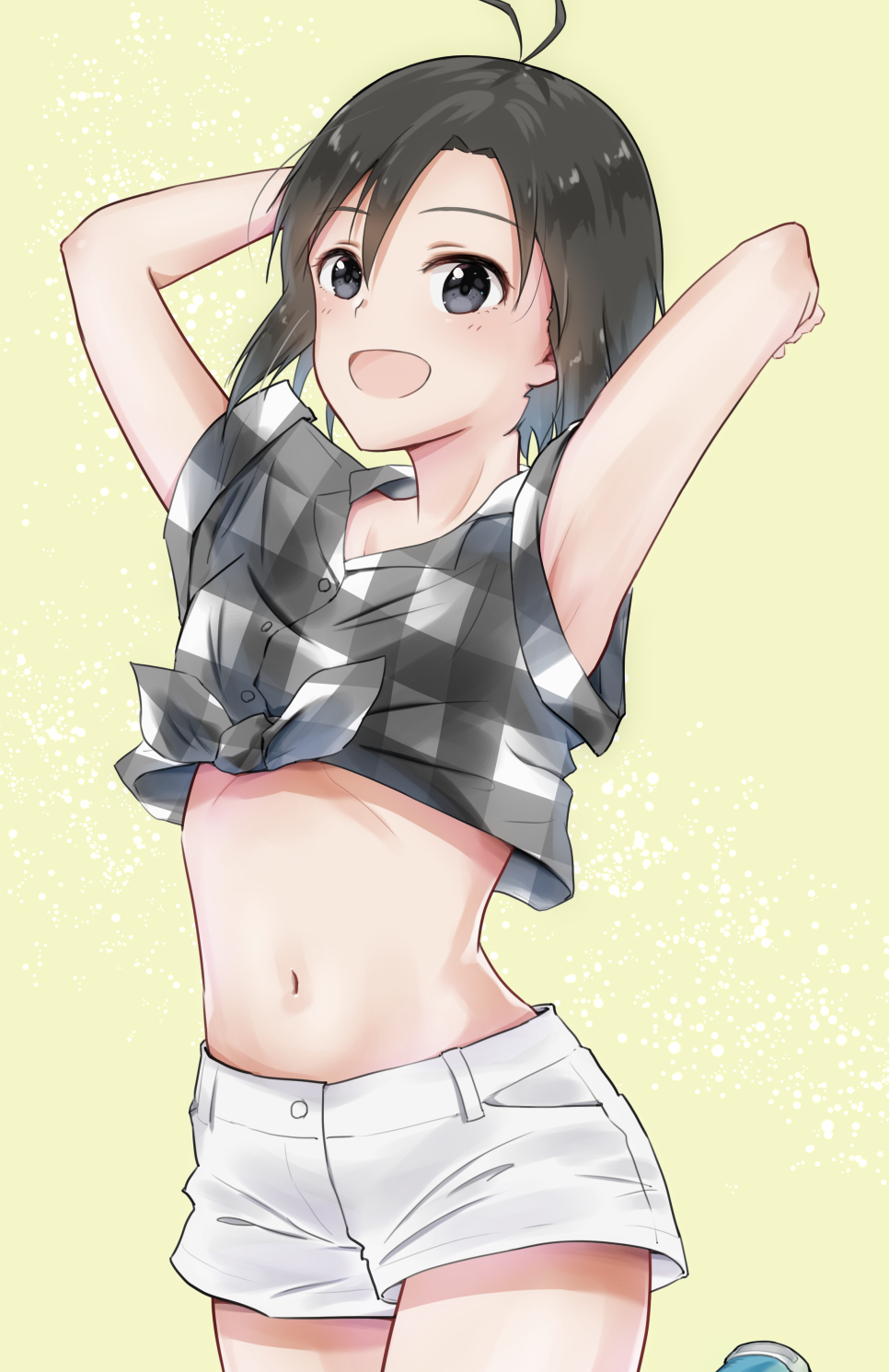1girl, antenna_hair, armpits, arms_up, black_eyes, black_hair, dress_shirt, hair_between_eyes