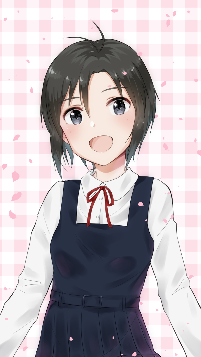 1girl, :d, antenna_hair, belt, black_dress, black_eyes, black_hair, collared_shirt