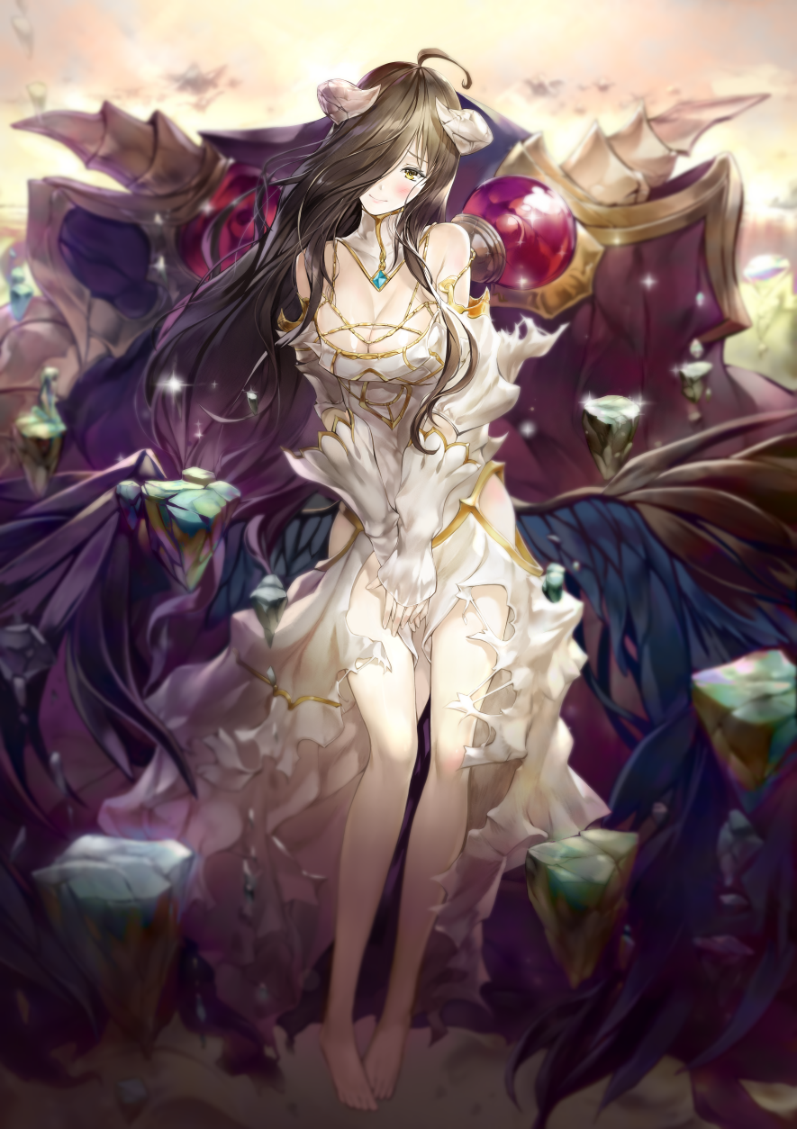 1girl, albedo, barefoot, blush, breasts, brown_hair, choker, cleavage