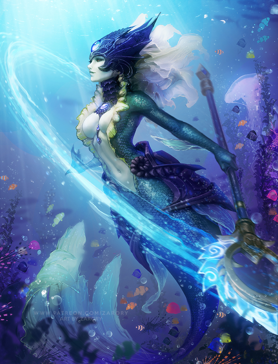 1girl, between_breasts, breasts, center_opening, helmet, highres, jellyfish, league_of_legends, lionfish, medium_breasts, mermaid, monster_girl, nami_(league_of_legends), navel, staff, tagme, tropical_fish, underwater, zarory
