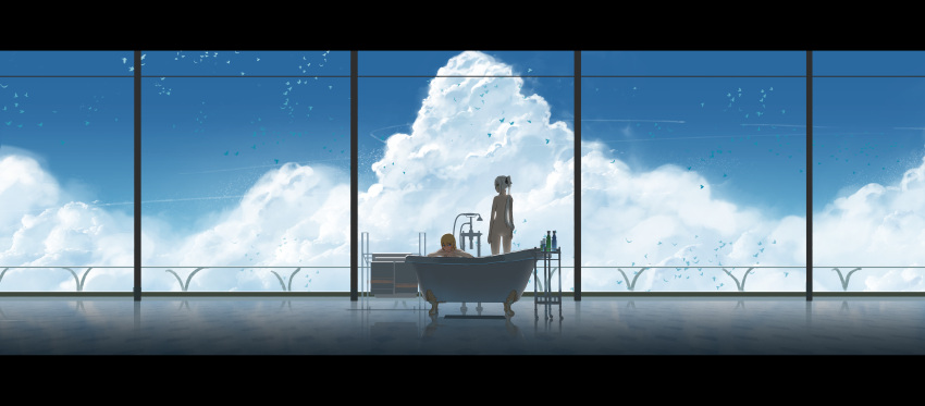 2girls, absurdres, asuteroid, bath, bathing, bathtub, bird, blonde_hair