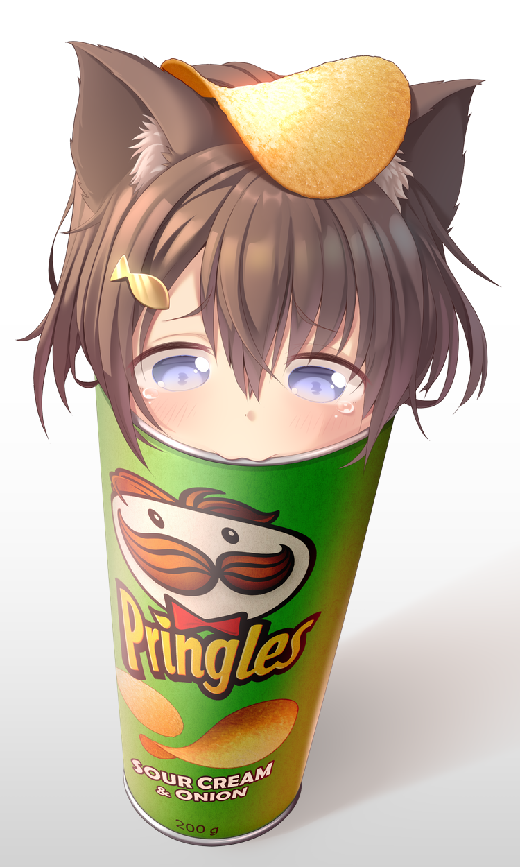 1girl, :3, animal_ears, blue_eyes, brown_hair, cat_ears, chips, denchisoft