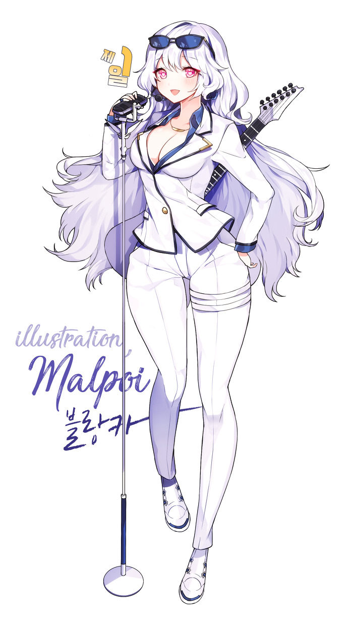 1girl, :d, albino, artist_name, blush, breasts, character_request, cleavage