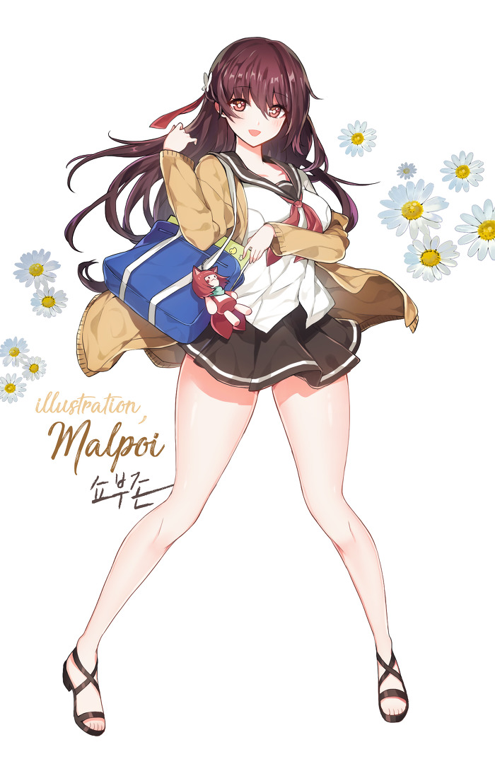 1girl, ara_han, artist_name, bag, black_sailor_collar, black_skirt, bright_pupils, brown_eyes