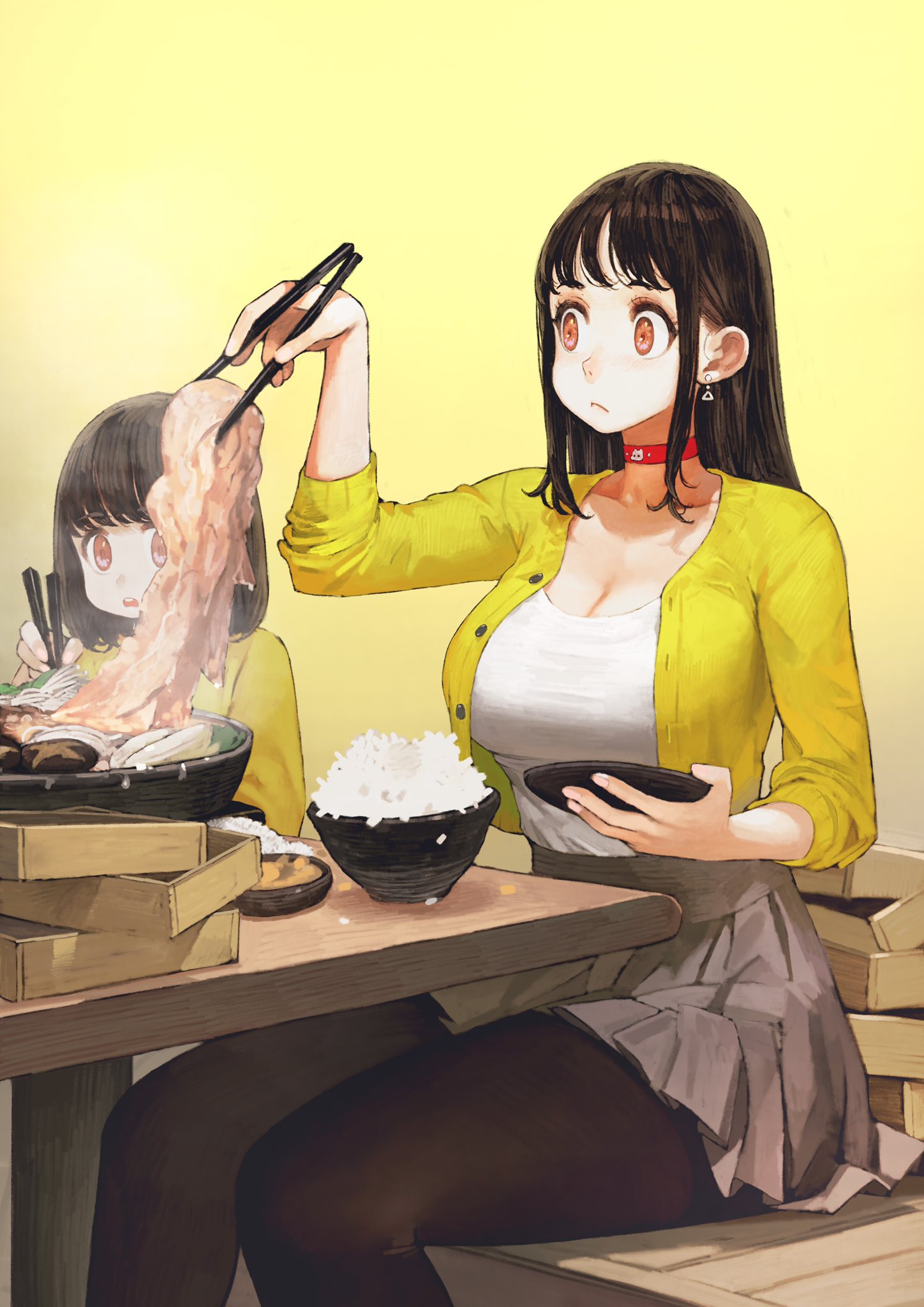2girls, bangs, black_legwear, blush, bowl, breasts, brown_eyes, brown_hair