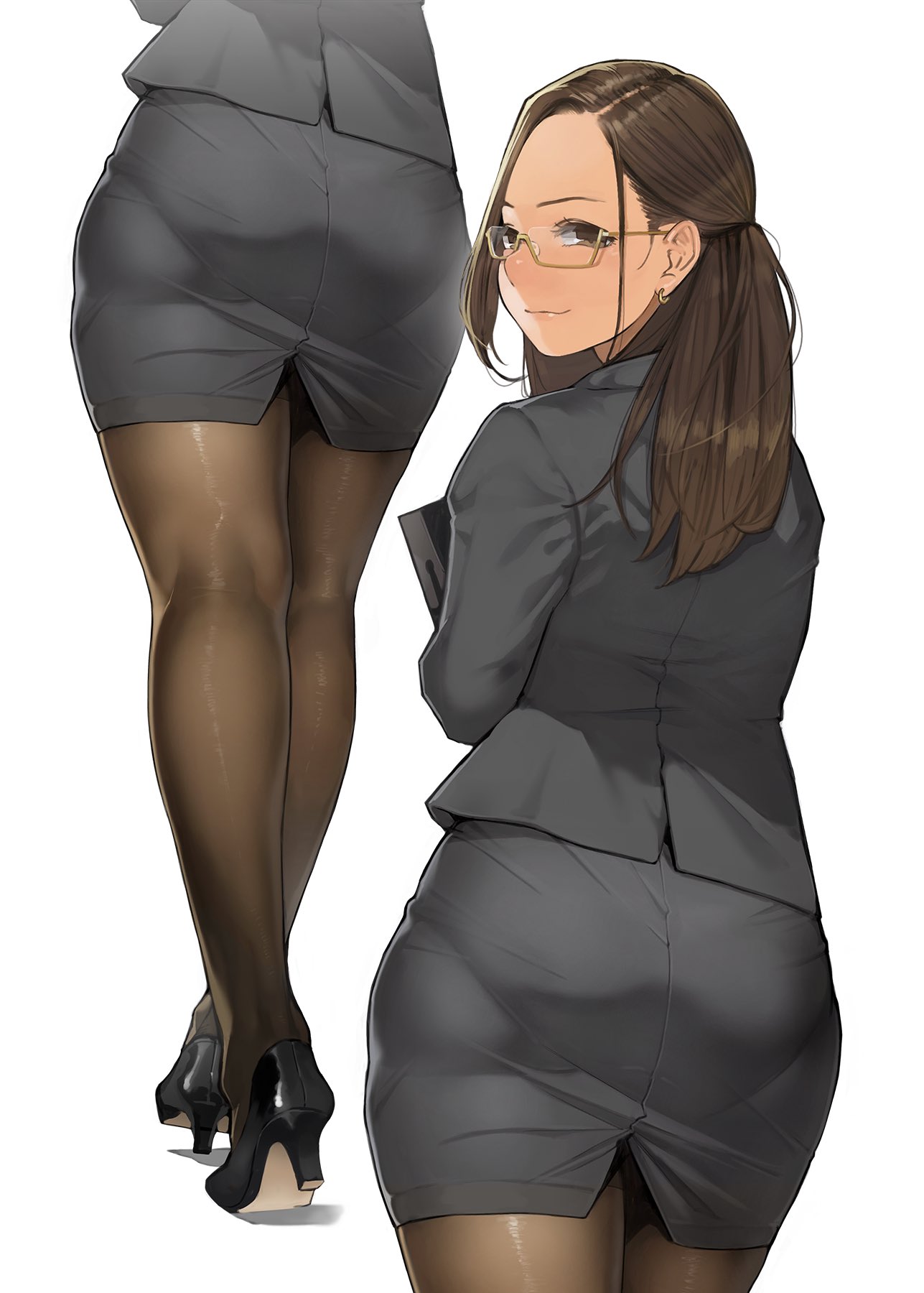 1girl, arm_support, ass, bangs, black_footwear, book, breasts, brown_eyes