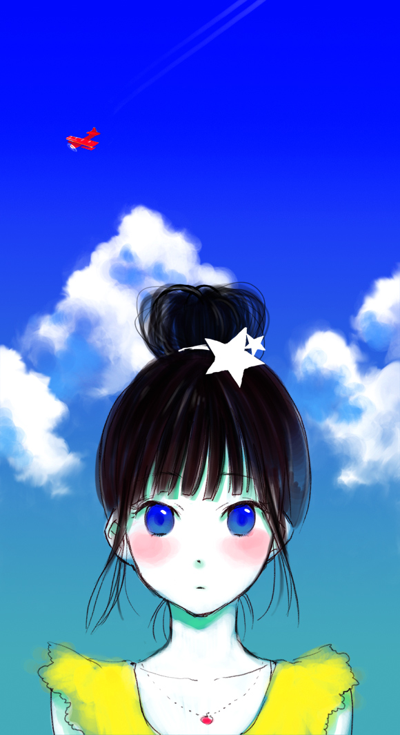 bad_id, black_hair, blue_eyes, blush, cloud, clouds, jewelry, necklace