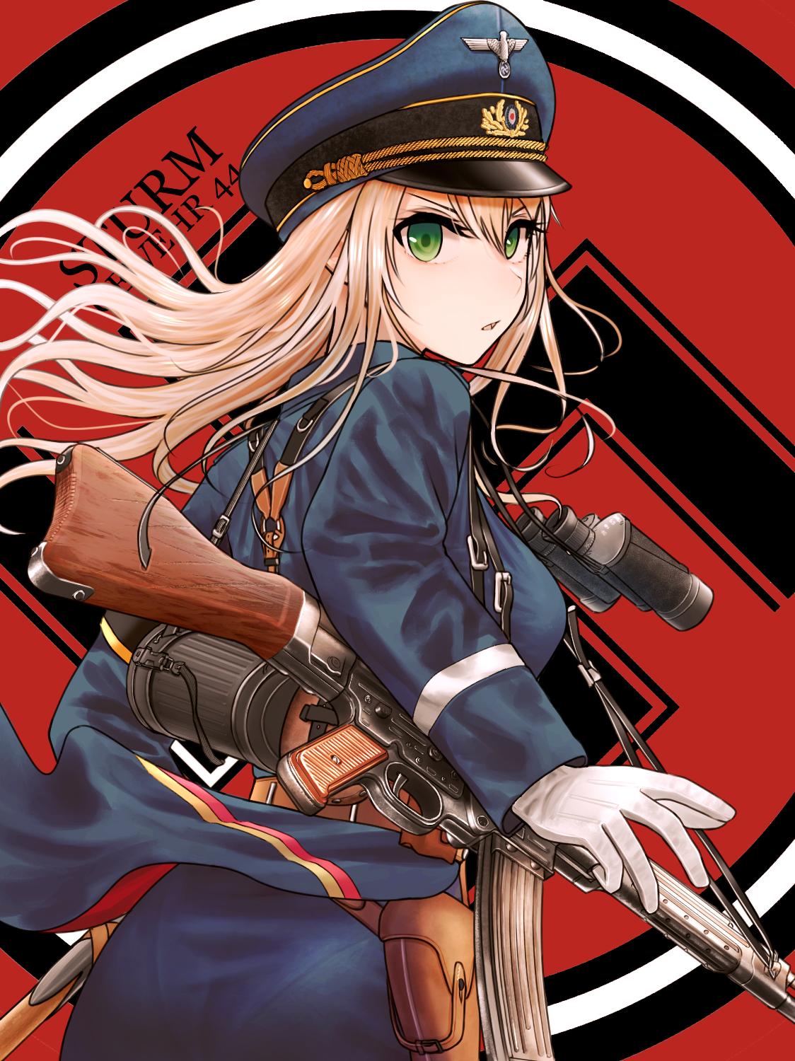 1girl, assault_rifle, binoculars, blonde_hair, character_name, girls_frontline, gloves, green_eyes