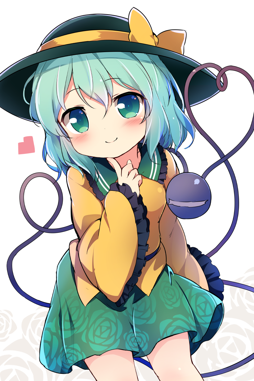 1girl, baku-p, bangs, blush, bow, closed_mouth, collared_shirt, commentary_request, eyebrows_visible_through_hair, floral_background, floral_print, frilled_shirt_collar, frilled_sleeves, frills, green_eyes, green_hair, green_headwear, green_skirt, hair_between_eyes, hat, hat_bow, head_tilt, heart, heart_of_string, highres, index_finger_raised, komeiji_koishi, long_hair, long_sleeves, looking_at_viewer, pleated_skirt, print_skirt, rose_background, rose_print, shirt, skirt, sleeves_past_wrists, smile, solo, third_eye, touhou, white_background, wide_sleeves, yellow_bow, yellow_shirt