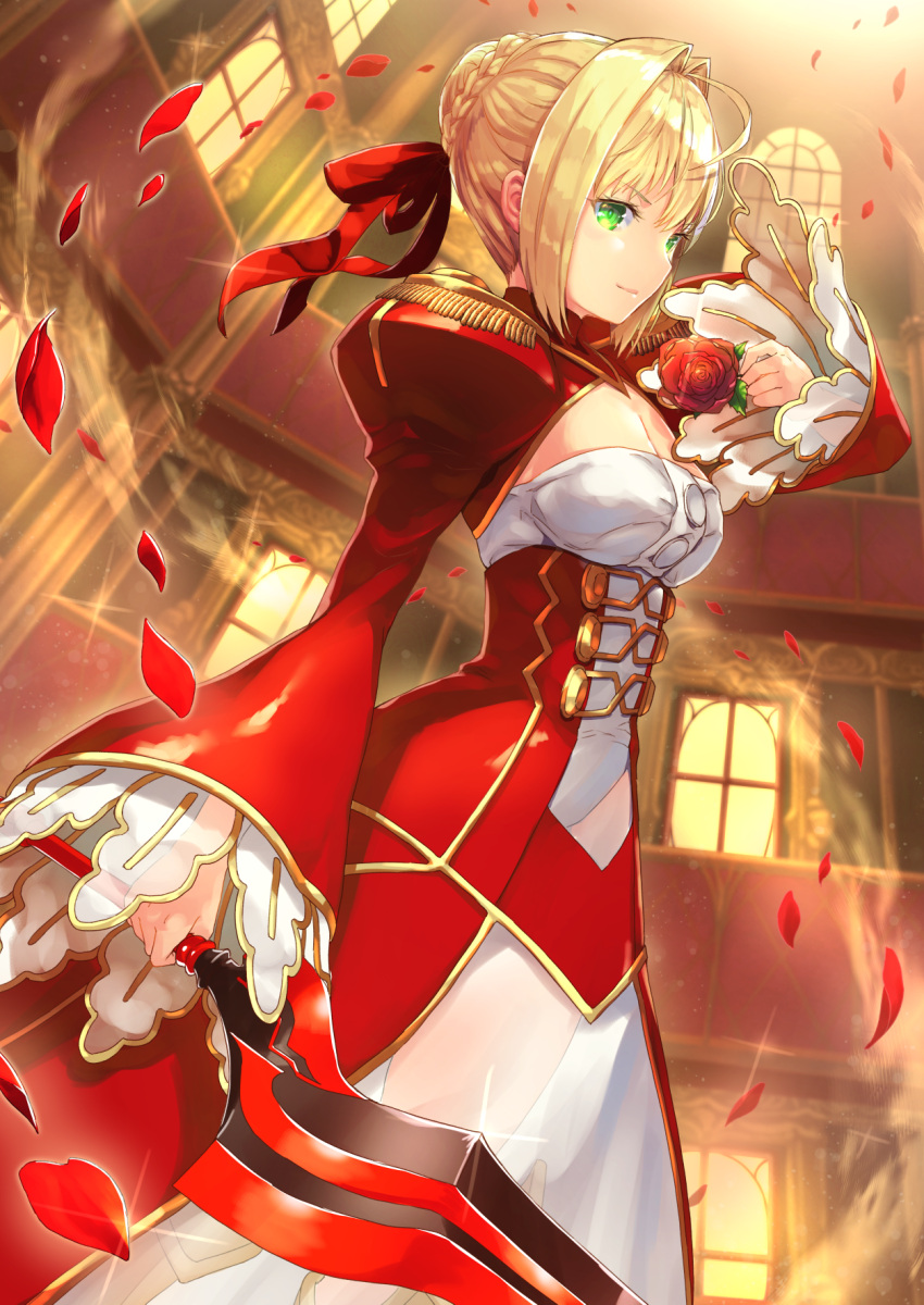 1girl, aestus_domus_aurea, aestus_estus, ahoge, bangs, blonde_hair, blush, braid