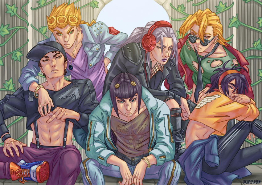 6+boys, absurdres, black_hair, black_jacket, black_neckwear, black_pants, blonde_hair, bob_cut