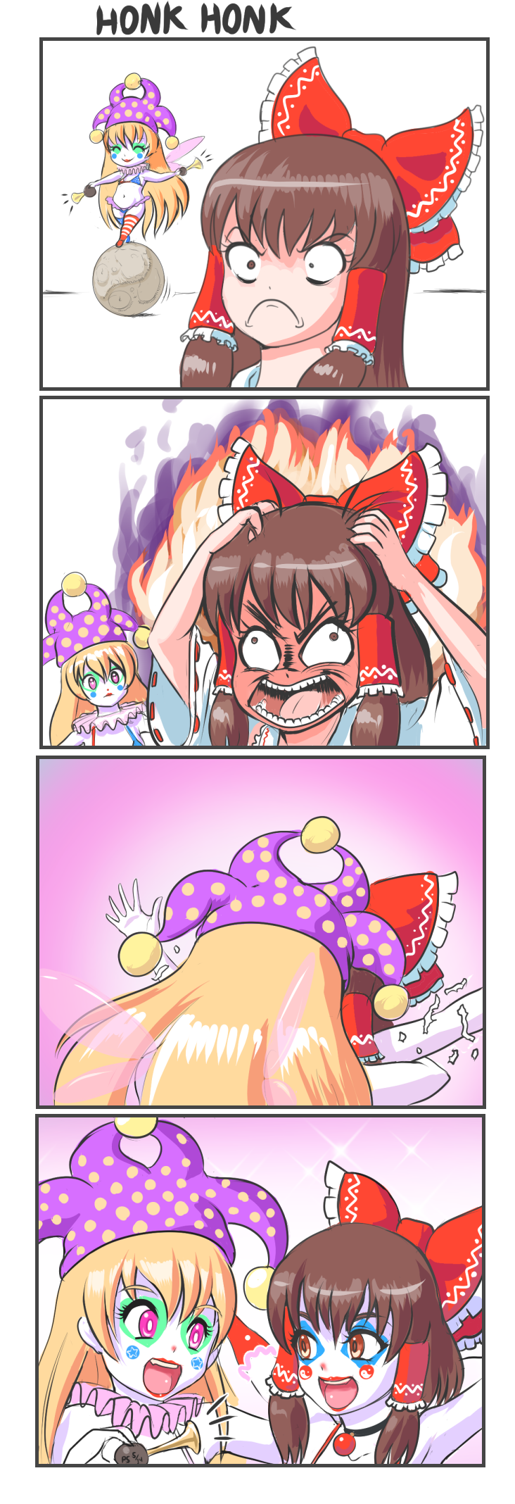 >:(, 2girls, 4koma, adapted_costume, american_flag_bikini, american_flag_legwear, angry, balancing, bike_horn, bikini, blonde_hair, bow, brown_hair, closed_eyes, clown, clownpiece, comic, constricted_pupils, english_text, eyebrows_visible_through_hair, facepaint, fairy_wings, flag_print, hair_bow, hair_tubes, hakurei_reimu, hat, highres, holding_head, jester_cap, kiss, long_hair, makeup, moon, multiple_girls, profitshame, smile, swimsuit, touhou, what, wings, yuri