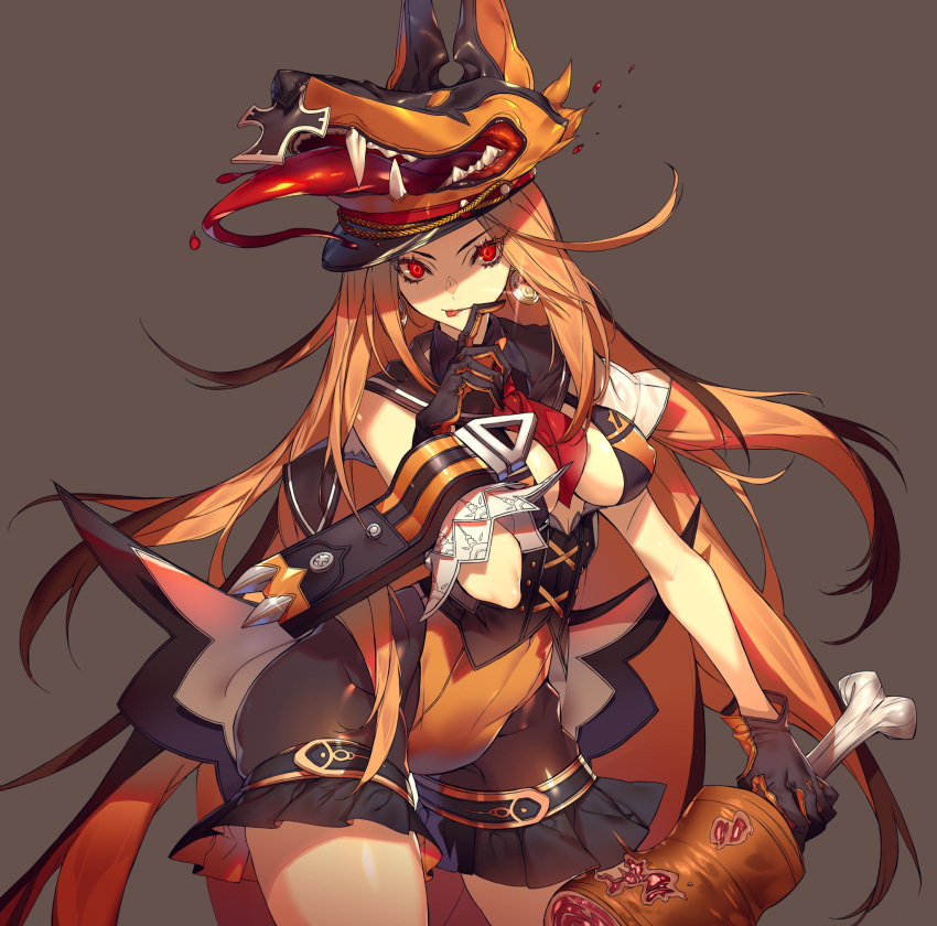 1girl, animal_ears, black_gloves, bone, brown_background, brown_hair, covered_navel, covered_nipples