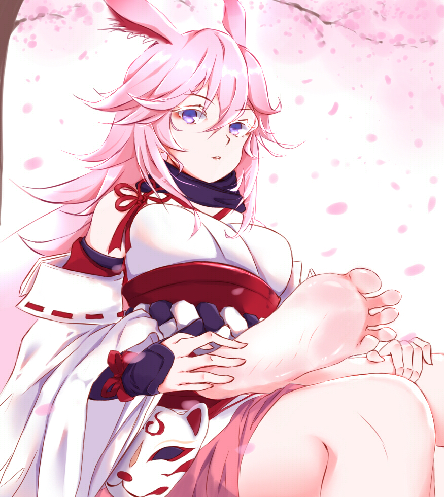 1girl, 453hentai, animal_ears, bare_shoulders, barefoot, benghuai_xueyuan, breasts, cherry_blossoms