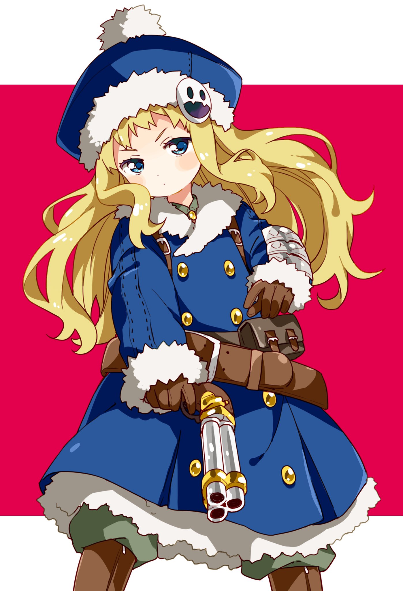 1girl, armor, belt, blonde_hair, blue_eyes, coat, fur-trimmed_coat, fur-trimmed_hat